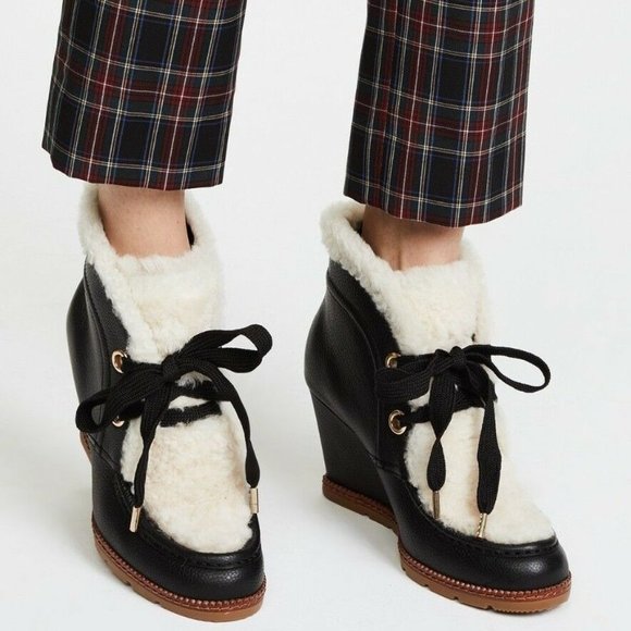 KATE SPADE NY SANDY BLACK LEATHER SHEARLING ANKLE BOOTS BLACK WEDGES SZ 9 *NEW - Picture 10 of 10